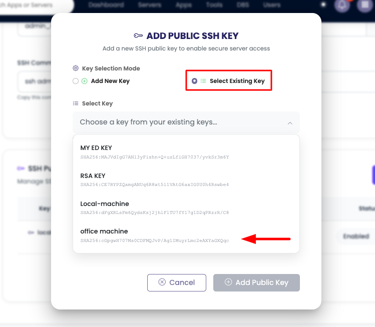 Add Existing Key Step 1