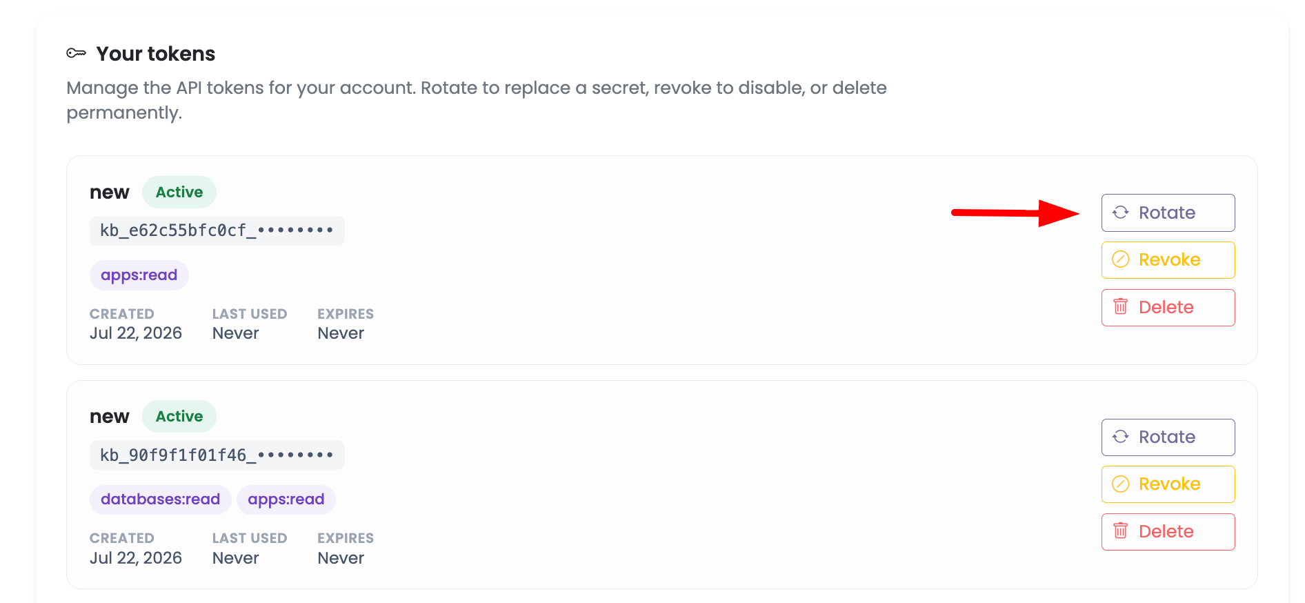 Rotating, revoking, or deleting an API token