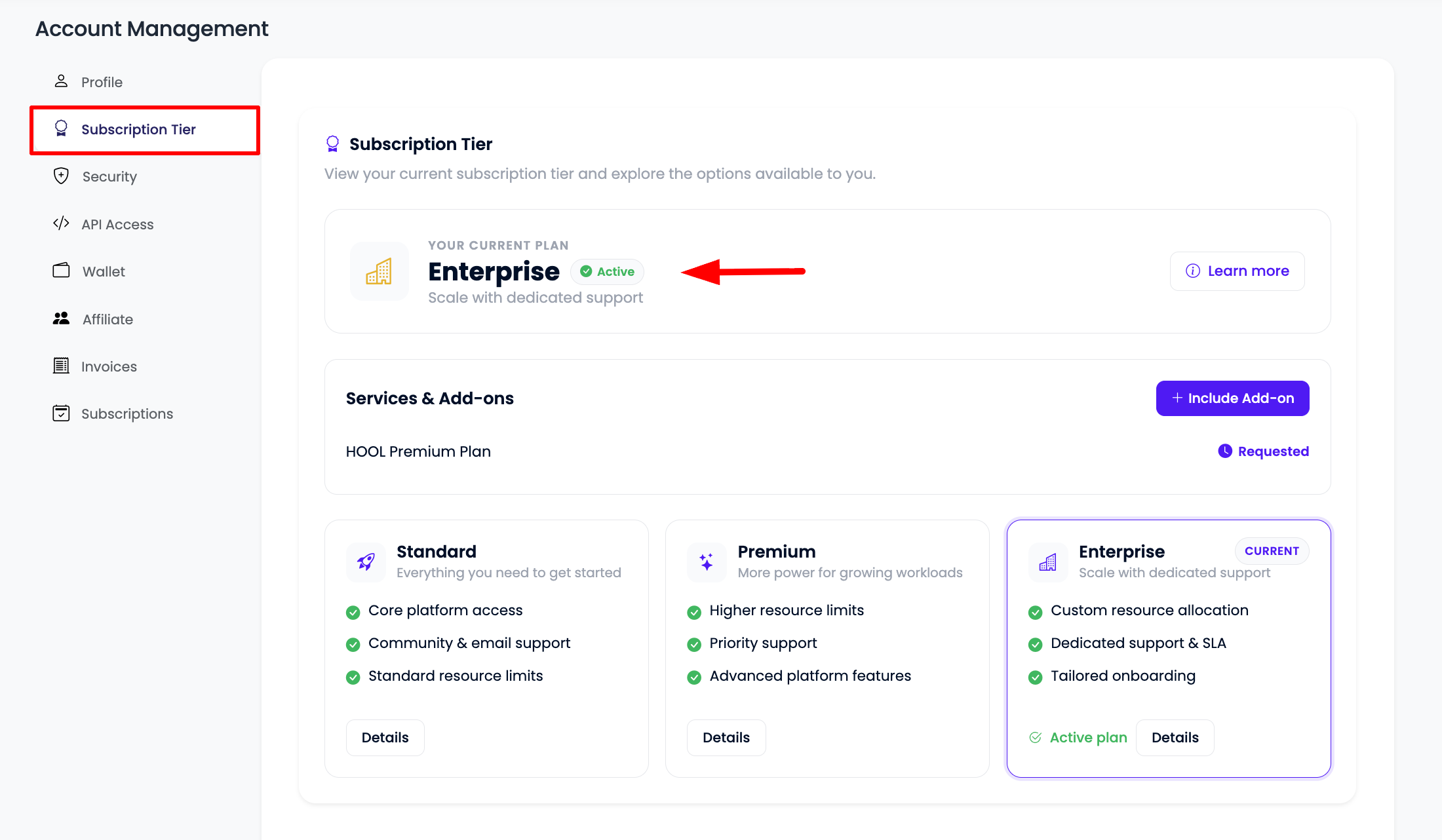 Requesting the Enterprise add-on from Subscription Tier