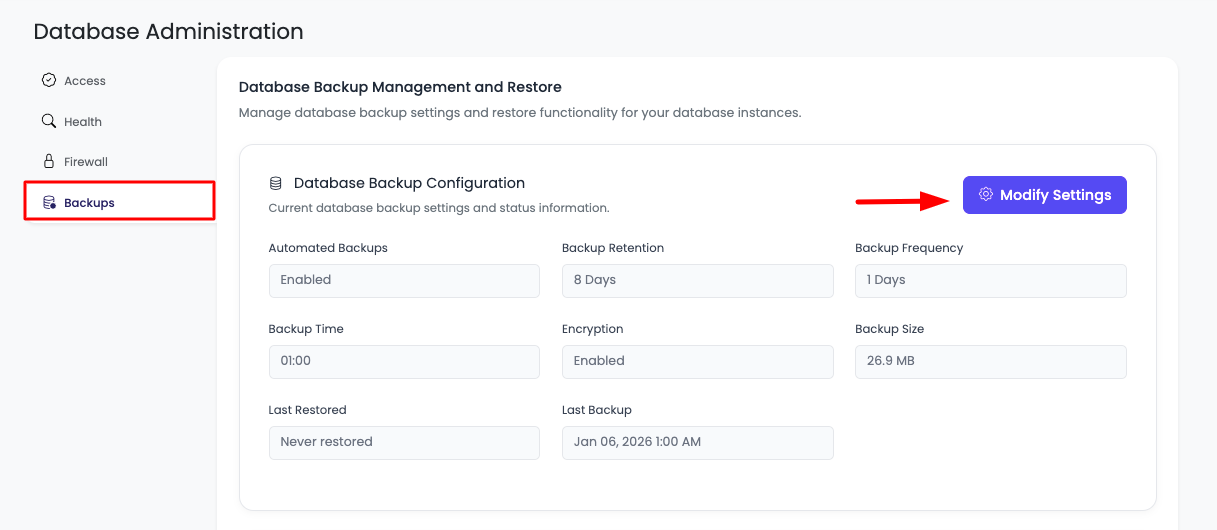 Manage DB Backup Step 1