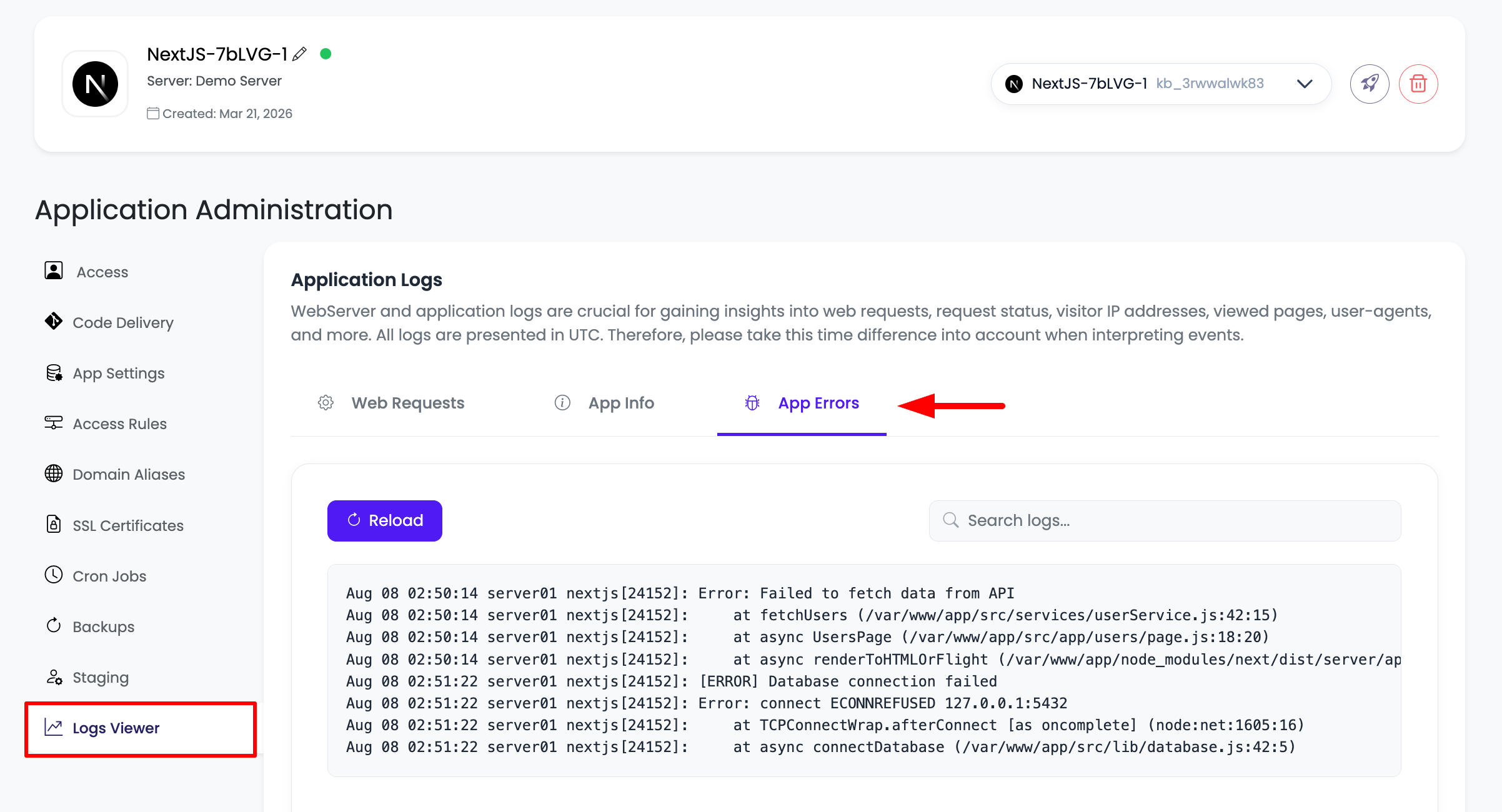 View Next.js Application Logs