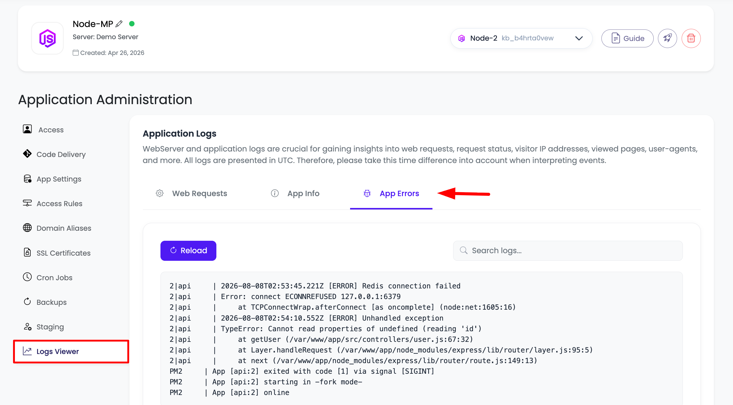 View Node.js Application Logs
