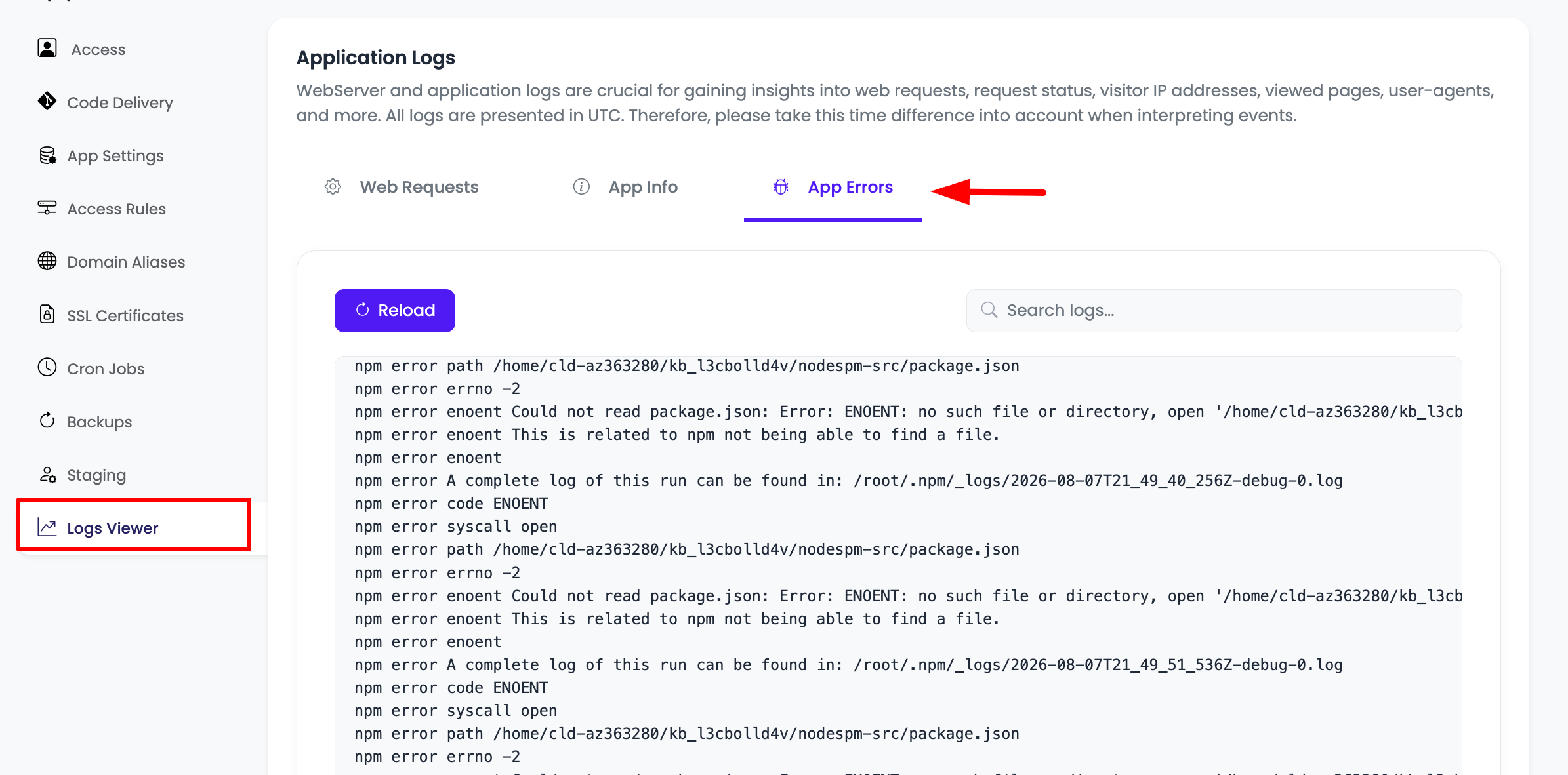 View Node.js Application Logs