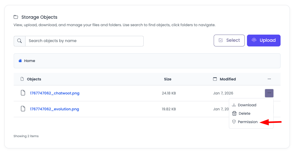 Object Permissions Menu